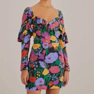 Farm Rio Black Bucolic Floral Garden Mini Dress Long Sleeves Size S Multicolor